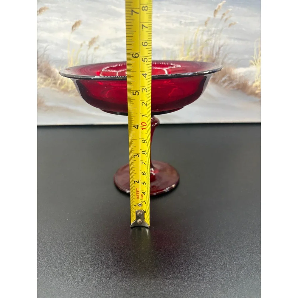 Vintage Ruby Red Glass Pedestal Bowl Footed Compote Dish Beaded Rim 7in